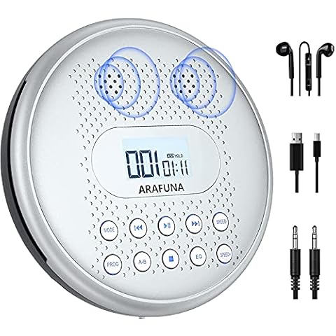 CD Player Portable, ARAFUNA Rechargeable Portable CD Players for Car with Speakers, Anti-Skip Walkman CD Player with Backlit Button, LCD Display and AUX Cable Cover