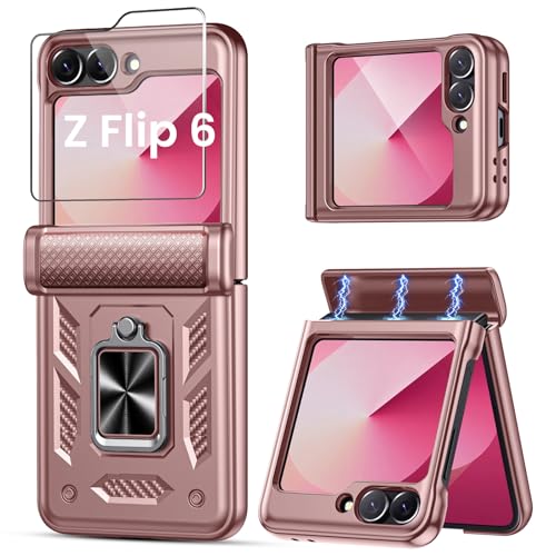 Cover per Samsung Z Flip 7 FE/Flip 6/5 con Schermo in 9H Vetro Temperato, Protezione Della Cerniera, 360°Anello Supporto, Antiurto Anticaduta Militare, Custodia per Galaxy Z Flip 6 / Flip 5, Rosa