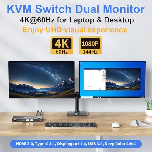 Image of KCEVE KVM Switch 2 Monitors for 1 Laptop 1 Desktop, USB 3.0 KVM Switch 2 Monitor 2 Computer USB C Displayport HDMI, MST,4K@60Hz,PD 100W, Power Adapter, Wired Remote(4K USB C DP HDMI 2 in 2 Out KVM)
