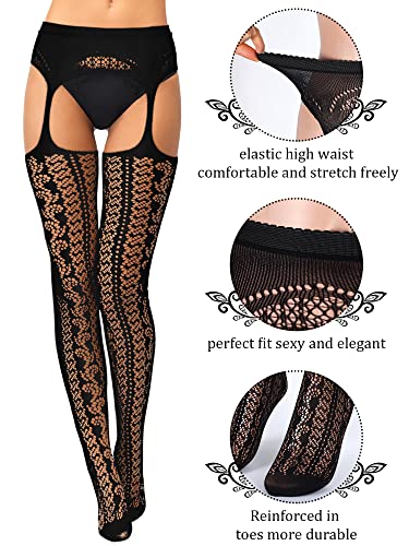 Skylety 6 Pairs Fishnet Stockings for Women Plus Size Thigh-high Tights Stockings Suspender Pantyhose Garter Belts3