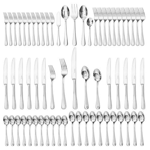 KINGSTONE 65 Pieces Silverware Set for 12, Premium Stainless Steel Flatware Set with Serving Utensils, Heavy Duty and Modern Design Cutlery Set, Mirror Polished, Dishwasher Safe