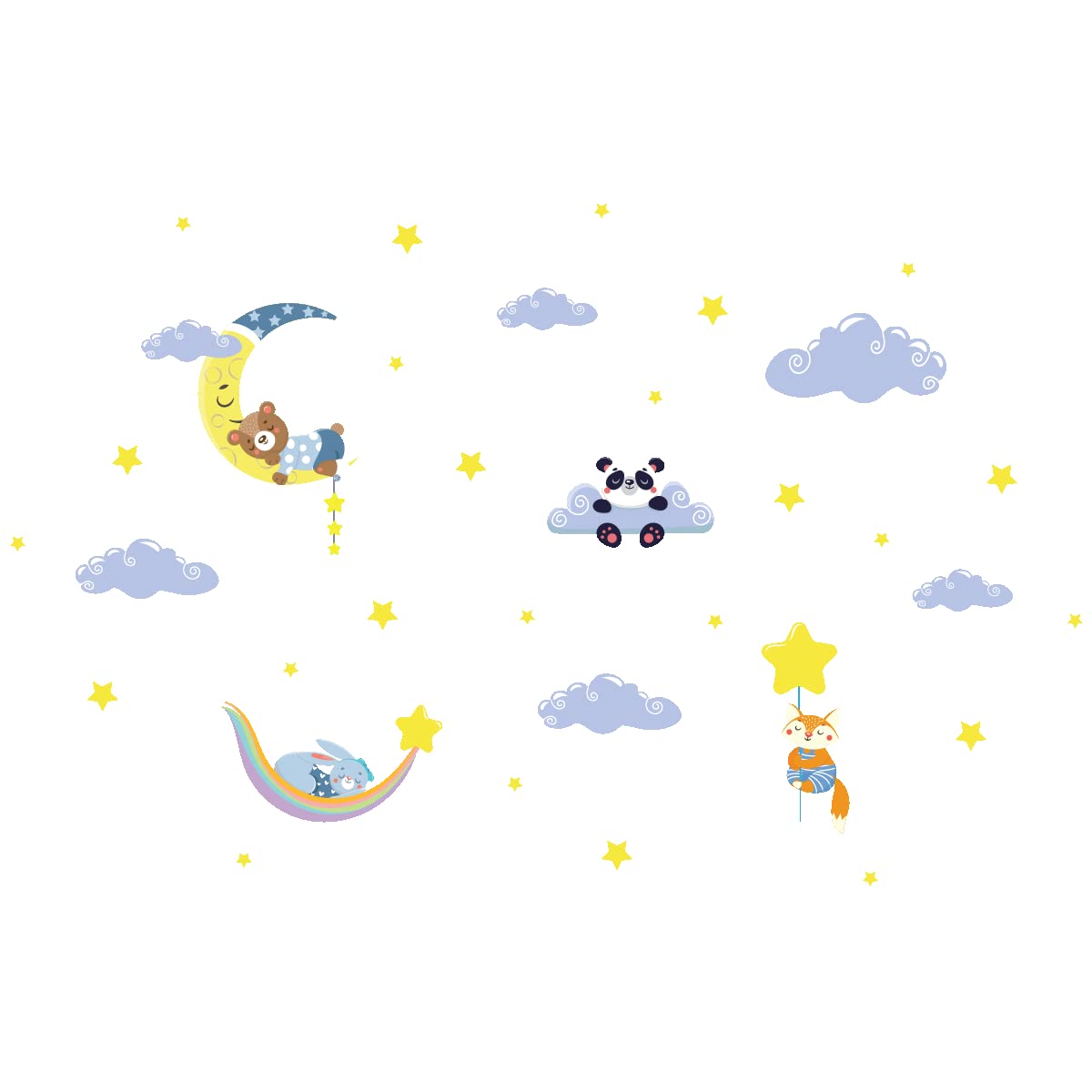 Adesivi murali per bambini, decorazione per la cameretta dei bambini, adesivi da parete scandinavo, adesivi da parete con animali nel cielo e le nuvole, 120 x 180 cm