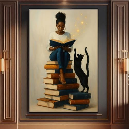 Affiche livre et chat noir, peinture sur toile afrocentrique pour créer un coin lecture cosy