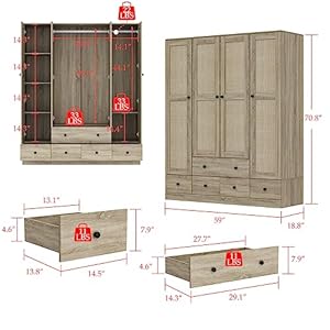 Homsee 4 Door Wardrobe Armoire Closet Bedroom Cabinet Armoire with Rattan Doors 5 Drawers 2 Hanging Bars Shelves Light Brown