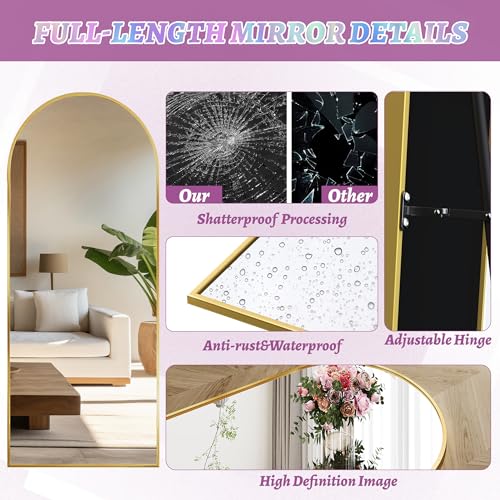 Full Length Mirror, 64"x21" Arched Floor Mirror Freestanding, Floor Standing Full Body Mirror with Stand for Bedroom, Hanging Mounted for Living Room Cloakroom, Gold