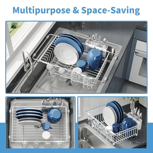 Image of JASIWAY White Dish Drying Rack in Sink, Dish Drainer with Utensil Holder
