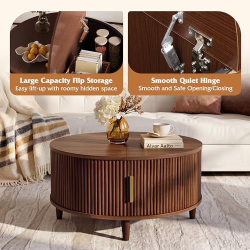 Image of WLIVE 31.5 inch Round Coffee Table with Storage, Walnut Brown | with Sliding Cabinet Door, Mid Century Modern Fluted Center Table for Living Room, Small Space. 31.5 inch Dia. x 17.5 inchH
