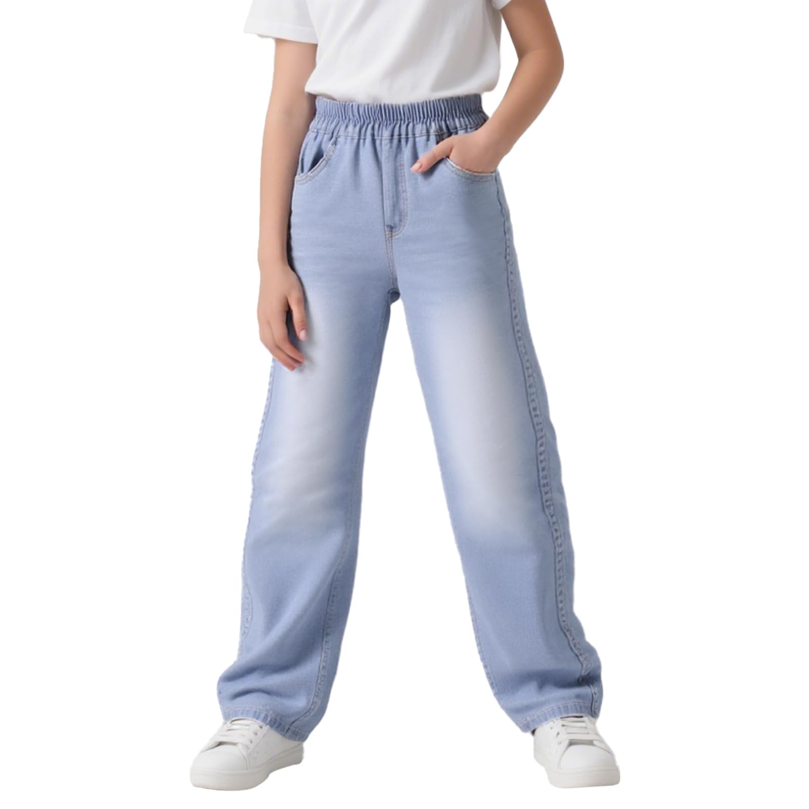 Mädchen Jeans Wide Leg Denim Hosen Kinder Baggy Jeanshosen Lässige Weich Elastischer Bund Weites Bein Streetwear mit Taschen Teenager Loose Fit Jean Hose für 6-14 Jahre, Gr.122-164