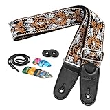 LEKATO Guitar Strap for Electric Bass Acoustic Guitar, Floral Jacquard Embroidery 2″ Wide Guitar Straps Bass Strap Padded Guitar Straps with Picks & Blocks (Brown Flower Black)