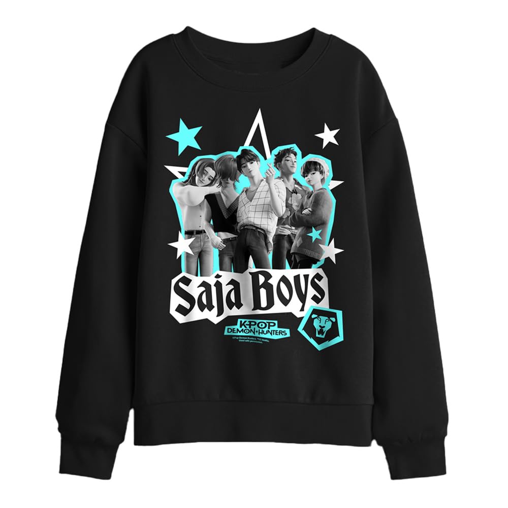 Kpop Demon Hunters Saja Boys Scrapbook Stars Kids Sweatshirt, Black, 12-13Y