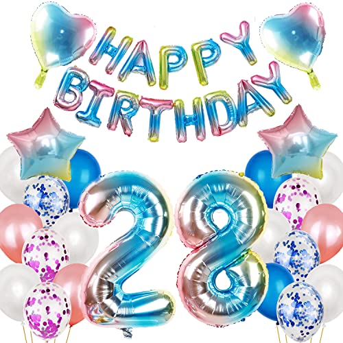 Globo de 28 cumpleaños decoración de 28 cumpleaños, color rosa, 28 cumpleaños, decoración para mujeres, arco iris, globo de 28 cumpleaños, globos de plástico de 28 años Cover