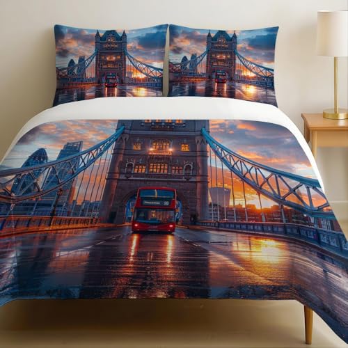 Housse de Couette 220x240 cm Bus de London Bridge Parure de Lit 2 Personnes Couleur Orange Microfibre Ultra Douce Respirante, Fermeture Éclair, 2 Taies...