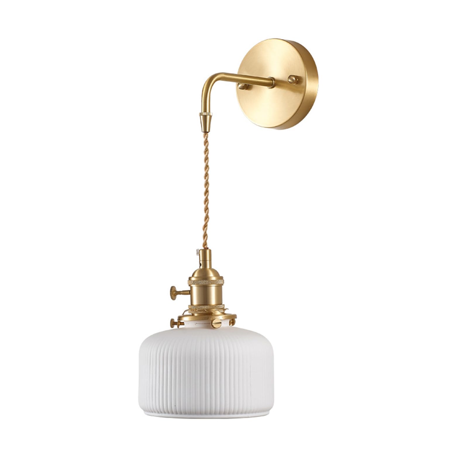NICRX Aplique de pared de cerámica blanca, con apliques de pared con base dorada de latón Lámpara de pared colgante para mesita de noche (A)