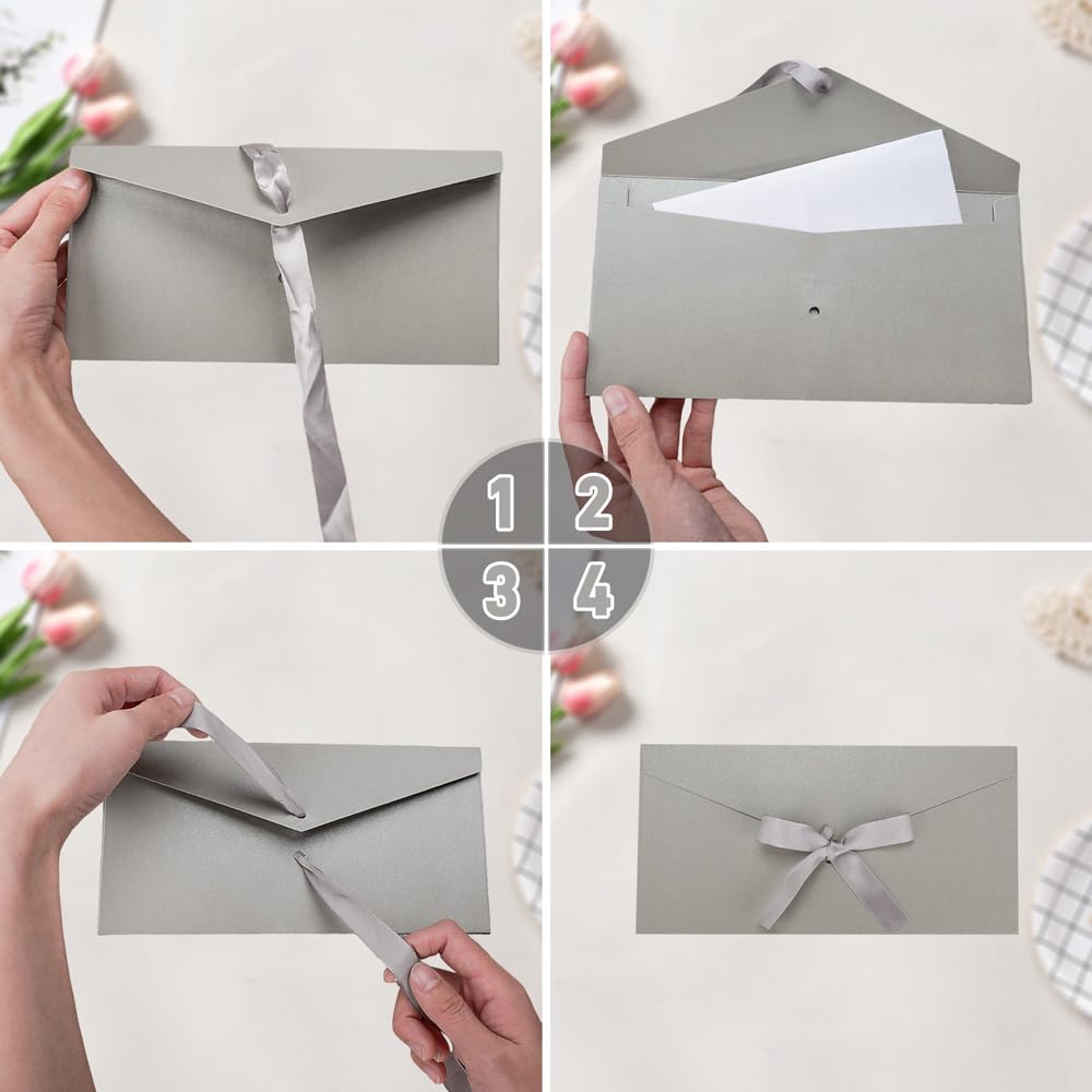 inodiref 15 Pcs Gift Card Envelopes Coloured Envelopes with Ribbons Vintage Kraft Envelopes 22×11cm for Gift Cards Wedding Party Invitation Christmas Cards(5 Colour) - Image 3