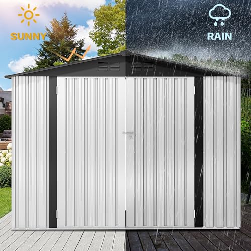 Image of DWVO 7x5ft Metal Outdoor Storage Shed, Waterproof Tool Shed Heavy-Duty Storage Unit with Lockable Door and Vents, Ideal for Bicycles, Tools, Lawnmowers, Backyards, Patios, Lawns - White
