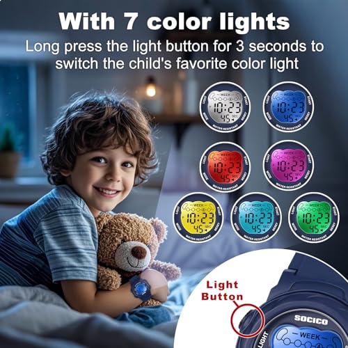SOCICO Kids Digital Watches for Girls Boys, 7 Color Lights Waterproof Sport Outdoor Wristwatch with Stopwatch, Alarm, Date, Great Gift for Child Ages 5-123