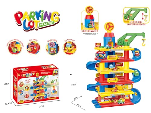 COIL Auto Parkhaus Kinder mit Autowaschanlage, Kran und Aufzug - Robustes Parkgarage Spielset für Kinder ab 3 Jahren, Interaktives Spielzeug mit Tankstelle, Große Spielgarage Kreatives (90 Elemente)