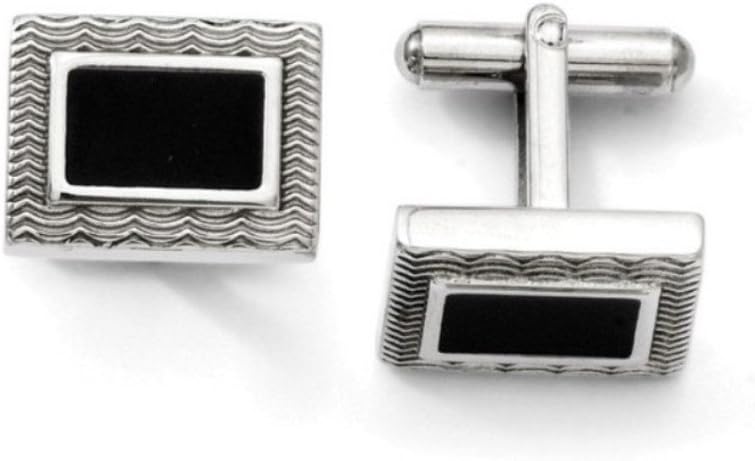 Stainless Steel, Black Enamel Grooved Wave Cuff Links, 14X18MM