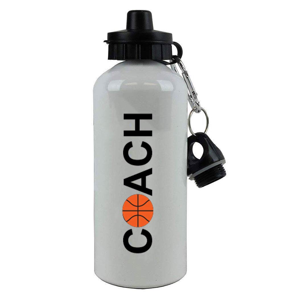 Personalized Custom Basketball Coach Aluminum White Finish 20 Ounce Sport Water Bottle, 2 Lids Customizable