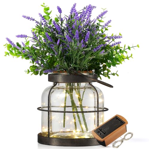 Aurabee Jarrón de cristal rústico con luces LED, decoración de farol vintage con flores artificiales, 4 piezas de lavanda y eucalipto, centro de mesa de granja para arreglos florales, tapa de