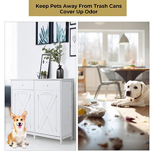 Arlopu Dual Tilt Out Trash Cabinet, 10X2 Gallon Pet Proof Kitchen Pull Out Hidden Garbage Can Cabinet, Freestand Wooden Laundry Sorter Cabinet, W/Drawer, Barn Door, for Home, Living (White)