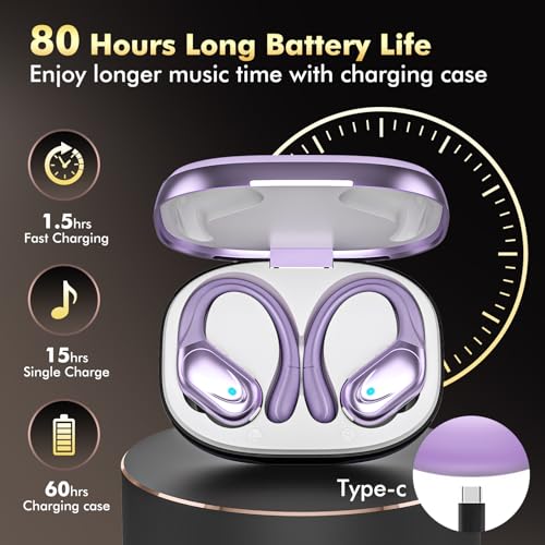 Image of HAOYUYAN Wireless Earbuds, Sports Bluetooth Headphones, 80Hrs Playtime Ear Buds with LED Power Display, Noise Canceling Headset, IPX7 Waterproof Earphones for Workout /Running (Purple)