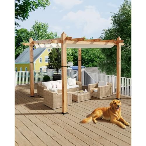 KYBOLT 10x10 Ft Outdoor Pergola with Retractable Canopy Aluminum Imitation Wood Grain Metal Patio Pergola for Backyard Deck Porch Grape Trellis(Beige)
