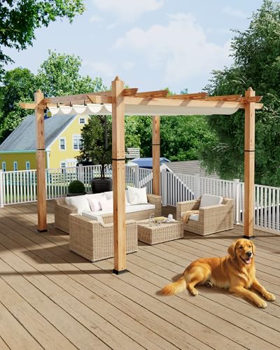 Image of KYBOLT 10x10 Ft Outdoor Pergola with Retractable Canopy Aluminum Imitation Wood Grain Metal Patio Pergola for Backyard Deck Porch Grape Trellis(Beige)