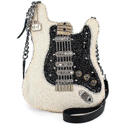 Mary Frances Fend for Yourself Beaded Crossbody Handbag Clutch Guitar Novelty Evening Purse, Ivory/Black
