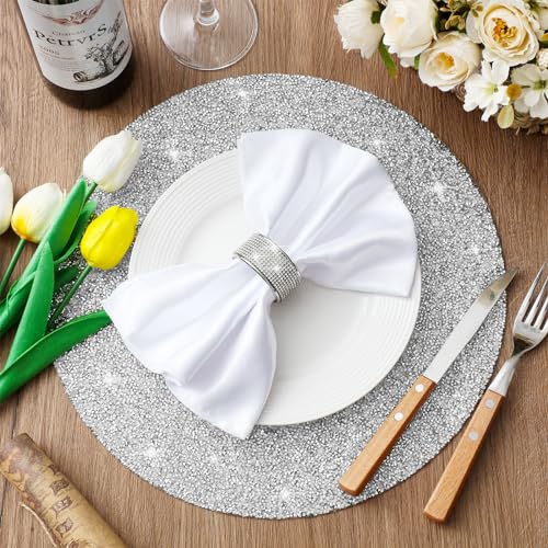 Suclain KO-SUCLAIN-2188 12 Pcs Crushed Diamond Silver Napkin Rings Rhinestone Placemats Set Napkin Rings Holder Silver Crushed Rhinestone Placemats 13 X 13'' thumb #4