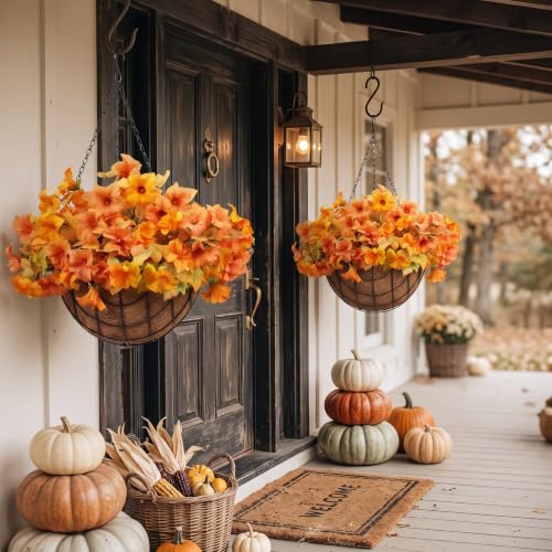 Thiccywoov 2 Pack Artificial Hanging Basket, Morningglory, Marigold | Fake Hanging Plant Faux Petunias Flower with 12'' Coconut Lining Basket for Patio Garden Porch Home Fall Outdoor Decor