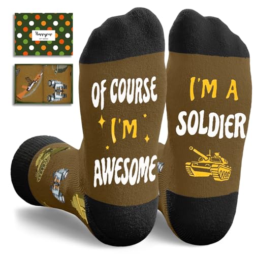 HAPPYPOP Military Gifts for Men - Army Navy Air Force Marine Corps Socks for Veterans Day (Awesome Soldier Dark Brown)
