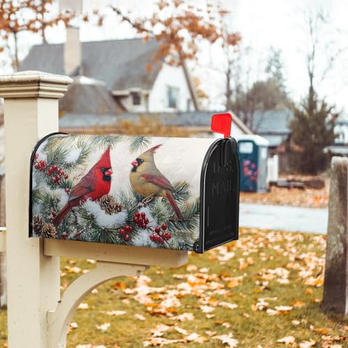 Image of Winter Cardinal Birds Mailbox Covers Magnetic Standard Size 21x18in Christmas Decoration Mailbox Wraps Post Letter Box Cover for Home Garden Outdoor Yard