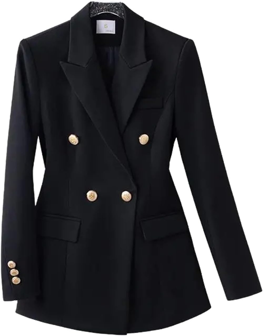 Women's Black Blazers Peplum Cashmere Blend Seven-Quarter Elastic Cuffs Jackets