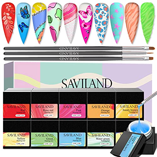 SAVILAND Painted Gel Nail Polish Kit - 10 Colors Neon Nail Art Painting Gel, Spring Series Nail Gel Soak Off Gel Polish Nail Manicure Kit with 3pcs Nail Brush for DIY Drawing Nail Art Design