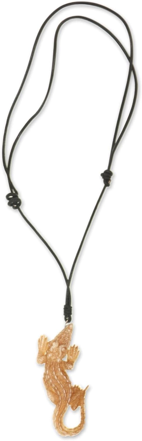 NOVICA Artisan Handmade Carved Bone Alligator Pendant Necklace on Adjustable Black Leather Cord Indonesian Animal Themed Jewelry for Men or Women Length 13.5 to 27.5 Inches Width 2 Millimeters