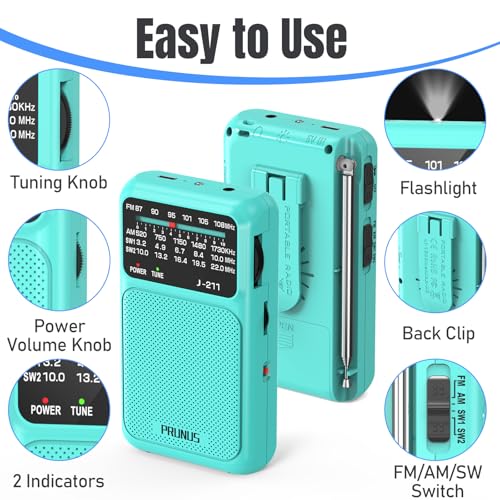 Image of PRUNUS J-211 Portable Radio AM FM with USB Charging and AA Battery Operated, Transistor Radios, Strong Reception& Clear Speaker, Headphone Jack, Back Clip, Lanyard, Small Portable(Blue)