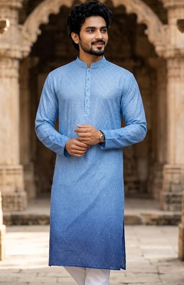 Image of Vardha Men's Cotton Chikankari Embroidered Kurta with Full Sleeves and Knee Length Design and Elegant Sequence Work | Kurta for Men