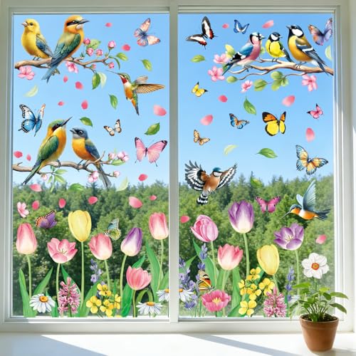 inreeme Fensterbilder Frühling Selbstklebende Frühlingsdeko - 9 Bögen Aquarell Fenstersticker Fensteraufkleber mit Blumen und Vögeln Widerverwendbare Statische Fensterdeko für Frühling Sommer