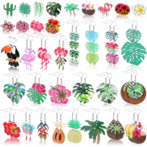 Nosiny 36 Pairs Tropical Earrings Bulk for Women Hawaiian Summer Earrings Acrylic Dangle Green Palm Leaf Coconut Green Plant Pineapple Flamingo Jewelry Gifts for Nature Lover