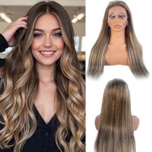 Image of Ombre Brown with Ash Blonde Highlight Lace Front Wig Human Hair for White Women 22 Inch Brazilian Real Remy Hair Ready to Go Glueless Wigs 13x4 Lace Frontal Pre Plucked Bleached Knots