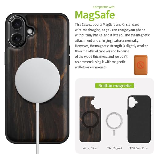 Image of Carveit Wood Case for iPhone 16 Plus, Natural Grain, Black | Magnetic iPhone 16 Plus Case Compatible with MagSafe Wireless Chargers, Engraved Wood with Soft TPU Shockproof Bumper