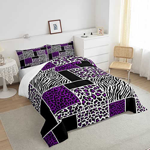 Manfei Geometric Plaid Patchwork Comforter Set Twin,Leopard Zebra Texture Bedding Set 2Pcs For Kids Teens Adults Room Decor,Purple Romantic Quilt Set,Rustic Farmhouse Duvet Insert With 1 Pillowcase #TOP3
