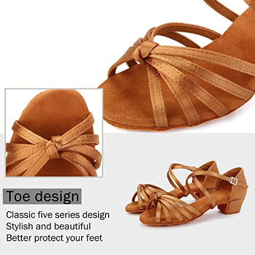 YKXLM Silk Fabric Brown Latin Dance Shoes for Girls Latin Ballroom Dance Shoes Girls with Diamond Buckle,Model US-TL-LP1203-ZSZK, 2 M Little Kid3