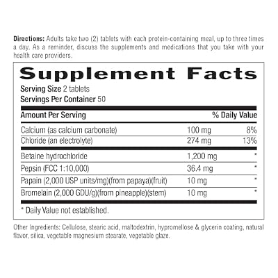 Country Life Betaine Hydrochloride with Pepsin, 600mg, 100 Tablets, Certified Gluten Free