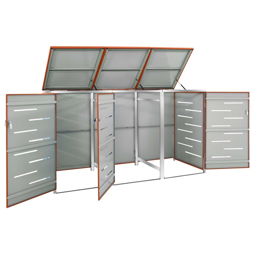 HUAKEHOM Mülltonnenbox für 3 Tonnen Abschließbar Rostfrei Müllbox Mülltonnenverkleidung Müllcontainer Gartenbox Mülltonne 207x77,5x112,5 cm Edelstahl Orange