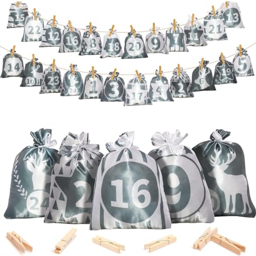 HIPIHOM Christmas Advent Calendar Bags, 24 Days Countdown Burlap Bags Hanging Advent Calendar Gift Favors for Xmas Decorations (Grey)