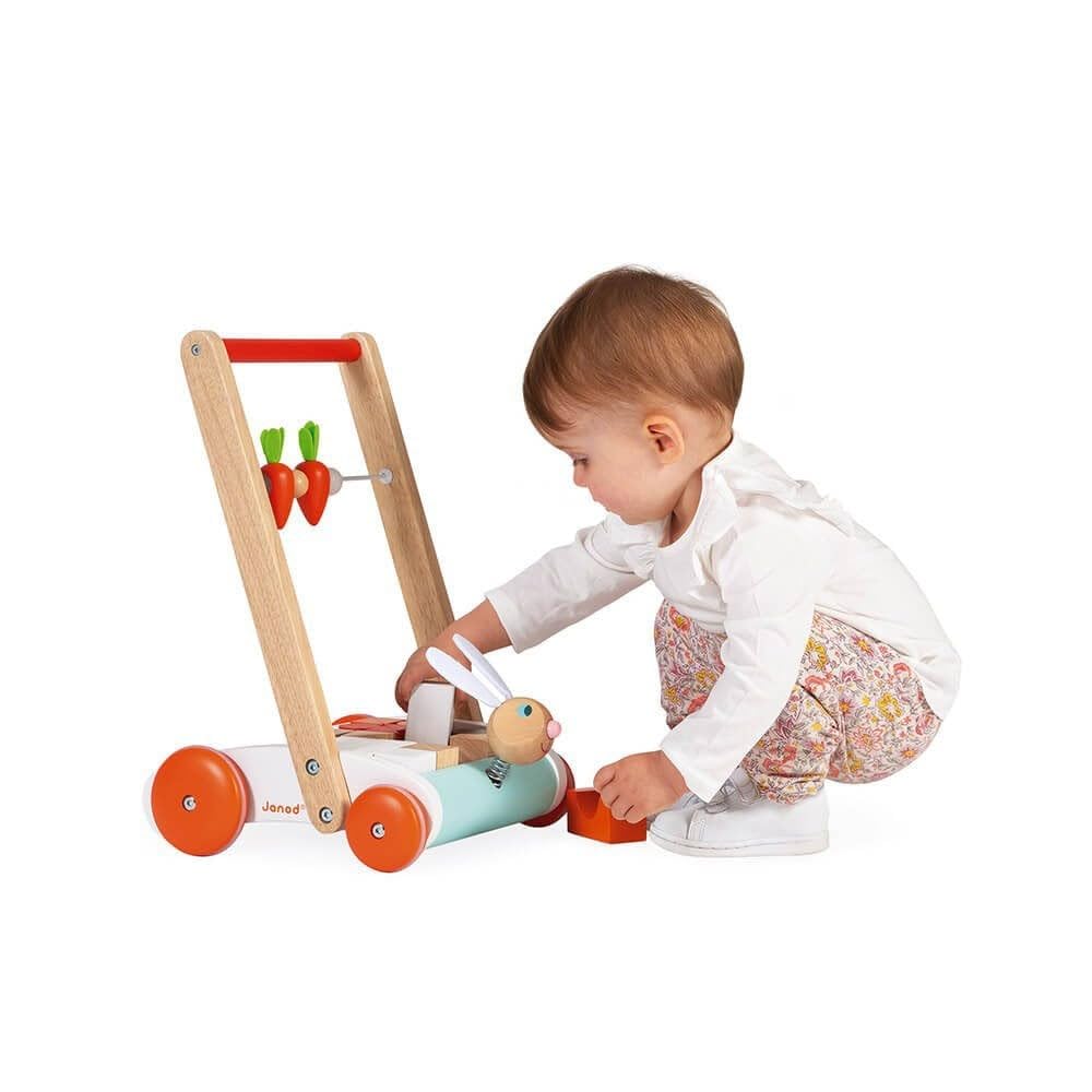 Janod - Carrello Janod Coniglio - Carrello Primi Passi in Legno a Spinta - Testa di Coniglio Su Molla, Carote Su Pallottoliere - con 19 Cubi di Legno - Giocattolo per Bambini da 1 Anno, J8251