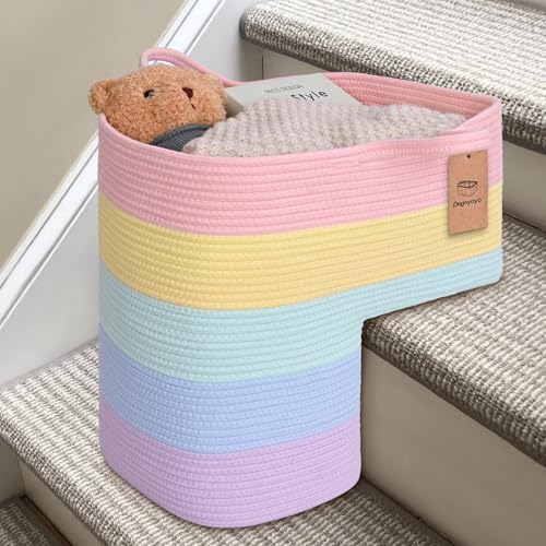 Image of Stair Basket for Wooden & Carpeted Stairs, Foldable Cotton Rope Step Basket with Handles, Staircase Storage Organizer, Fog Grey, 15 inch Lx 10 inch W x 15 inch H