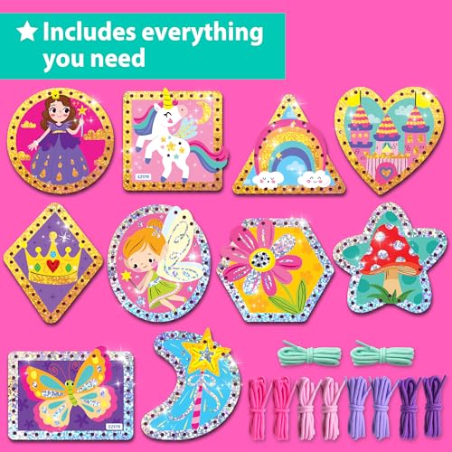 Image of KRAFUN Princess Unicorn Holographic Lacing Cards Age 3+ | 10 Projects | Holographic foil cards: Princess, Unicorn, Fairy & Castle. Fine motor skills. Premium gift for girls age 3+